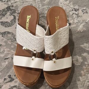 Toscanella Italian White and Brown Slide Sandals with Woven Strap